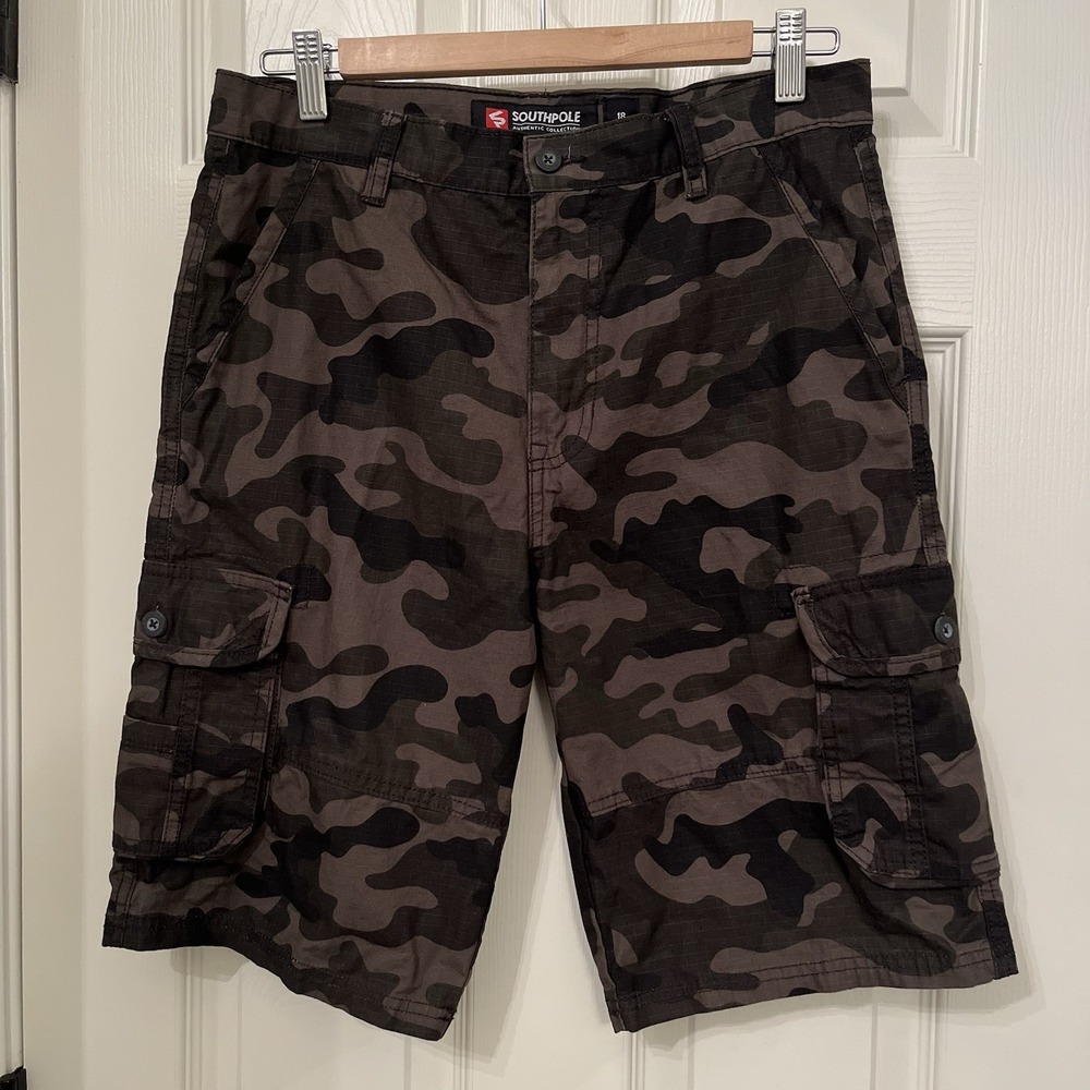 Southpole Youth 100% Cotton Green Brown‎ Camouflage Ripstop Cargo Shorts Sz 18